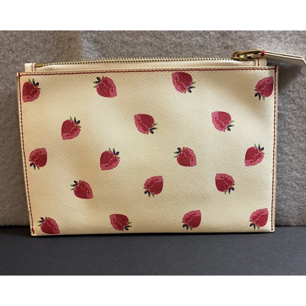 J.Crew Italian Leather Medium Strawberry Print Zippered Pouch, EUC, Summer